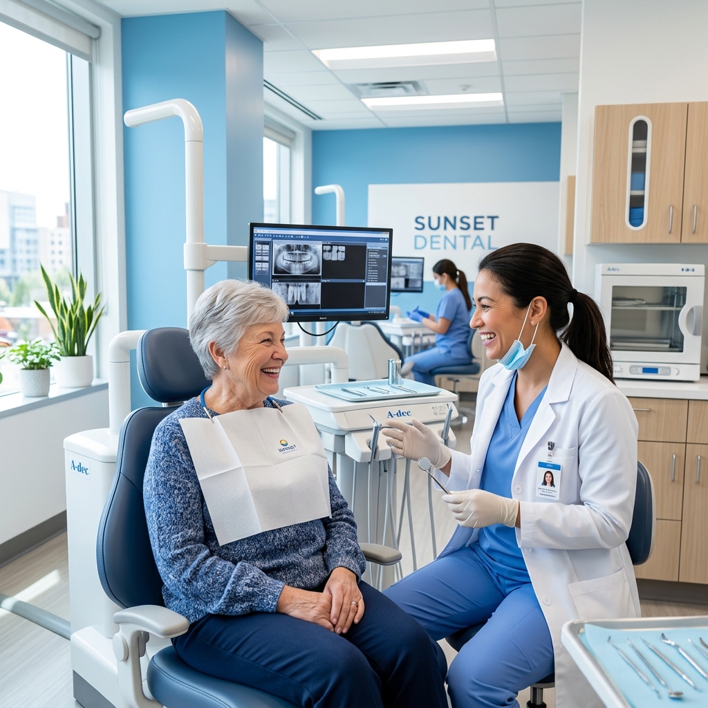 Senior woman at the dentist reviewing Medicare dental, vision, and hearing benefits