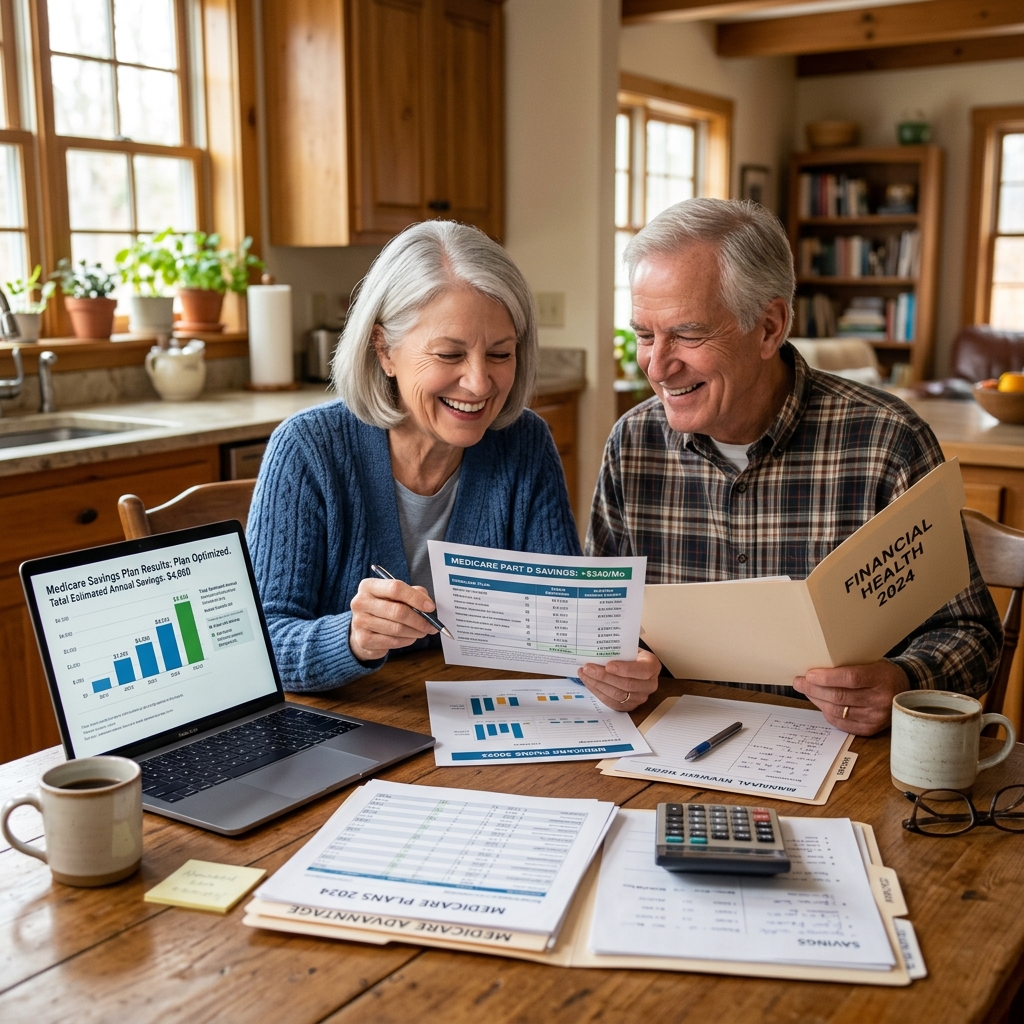 Senior couple reviewing Medicare costs and exploring savings programs