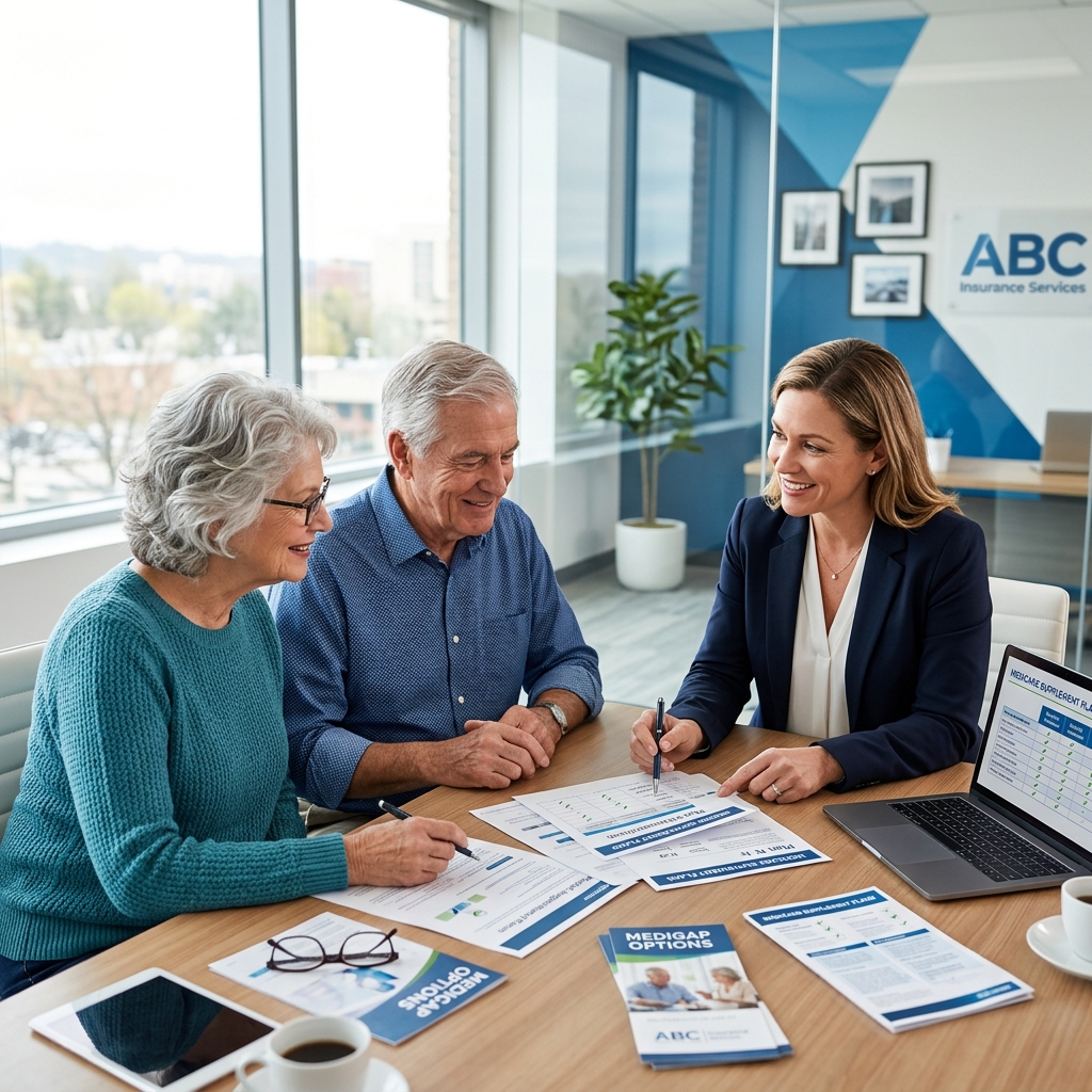 Insurance agent comparing Medigap Plan G and Plan N options with a senior couple
