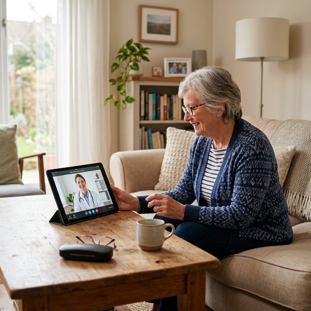 Senior woman using a Medicare telehealth video visit with her doctor